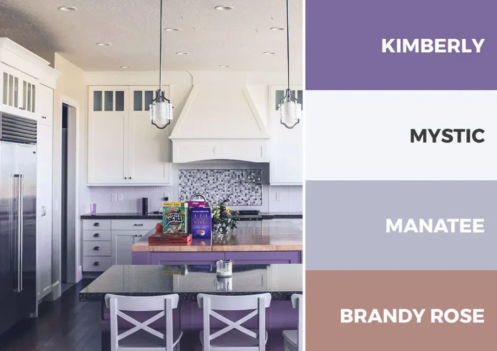 رنگ کابینت اسطوخودوسی (بنفش ملایم) + کرم + عناصر گذار (ترکیبی از سبک کلاسیک و مدرن)