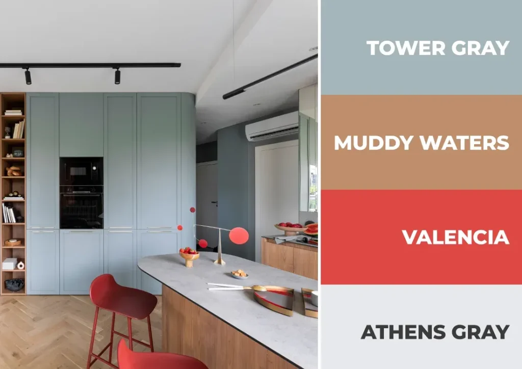 خاکستری آبی + قرمز + چوب طبیعی 