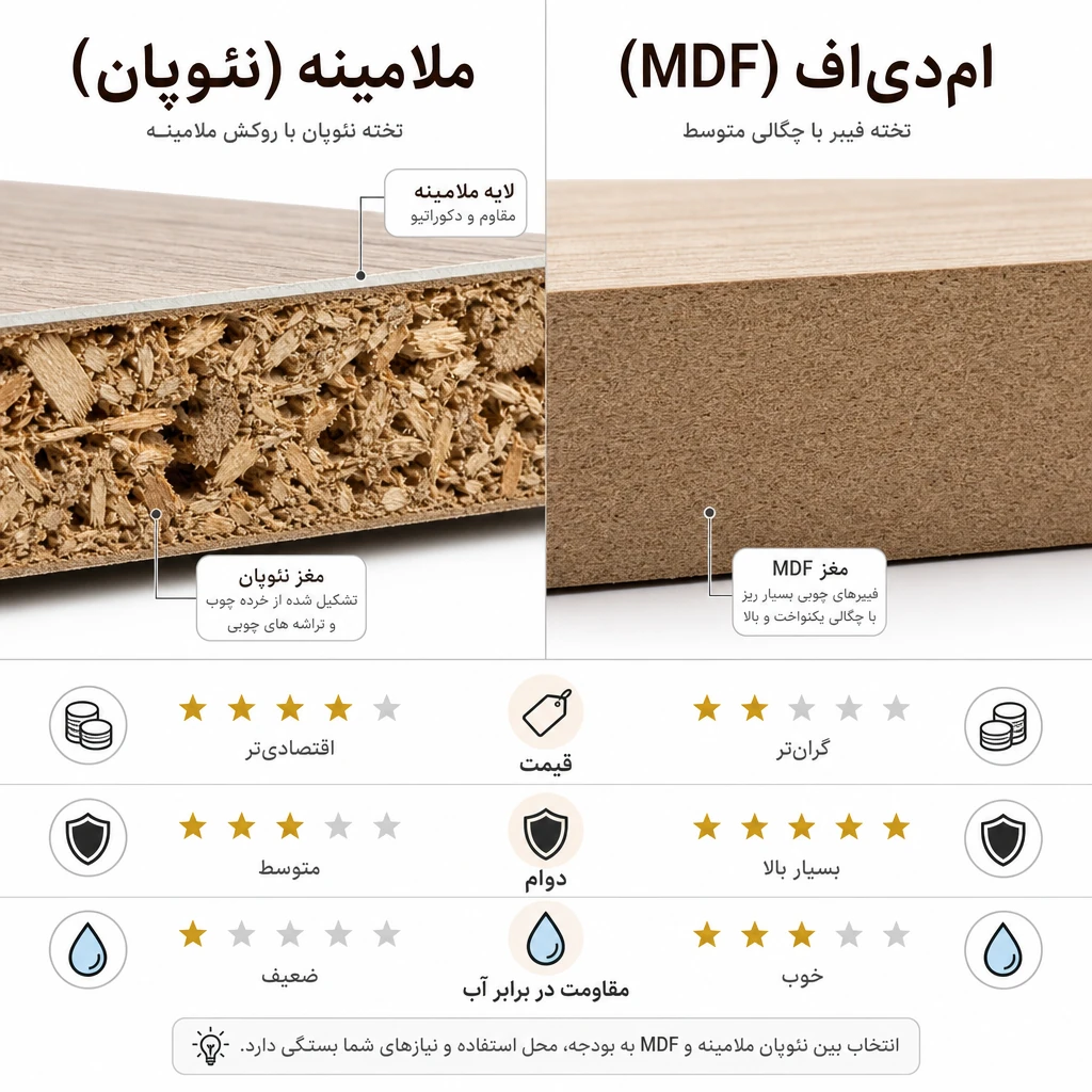 مقایسه بدنه کابینت ام دی اف و بدنه کابینت ملامینه